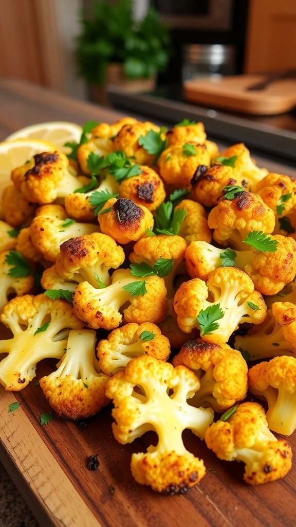 Roasted cauliflower florets garnished with parsley on a wooden platter with lemon wedges.